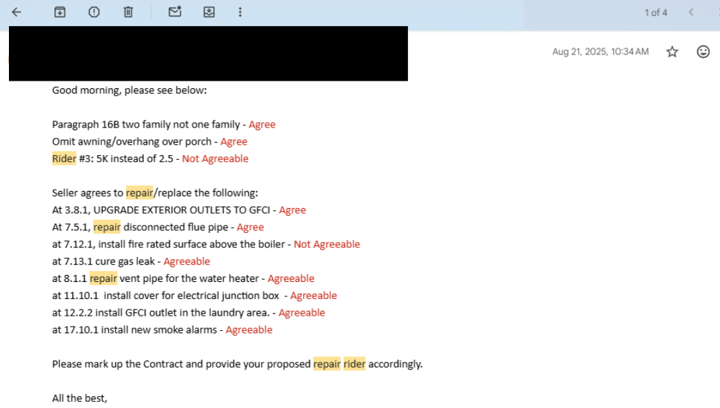 Redacted email showing the seller's attorney responding to repair requests item by item