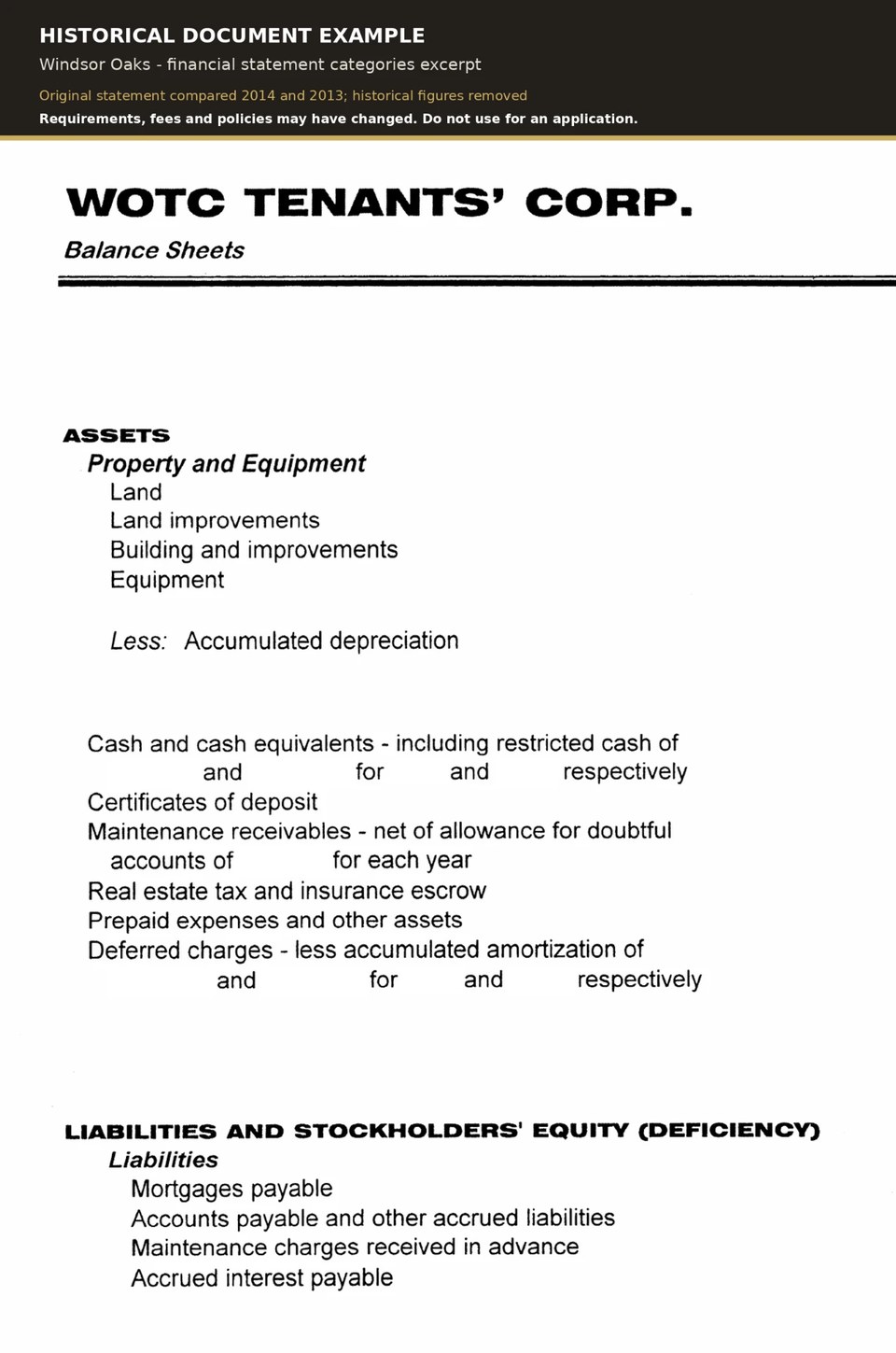 Historical Windsor Oaks balance-sheet excerpt showing corporate asset and liability categories with outdated figures removed