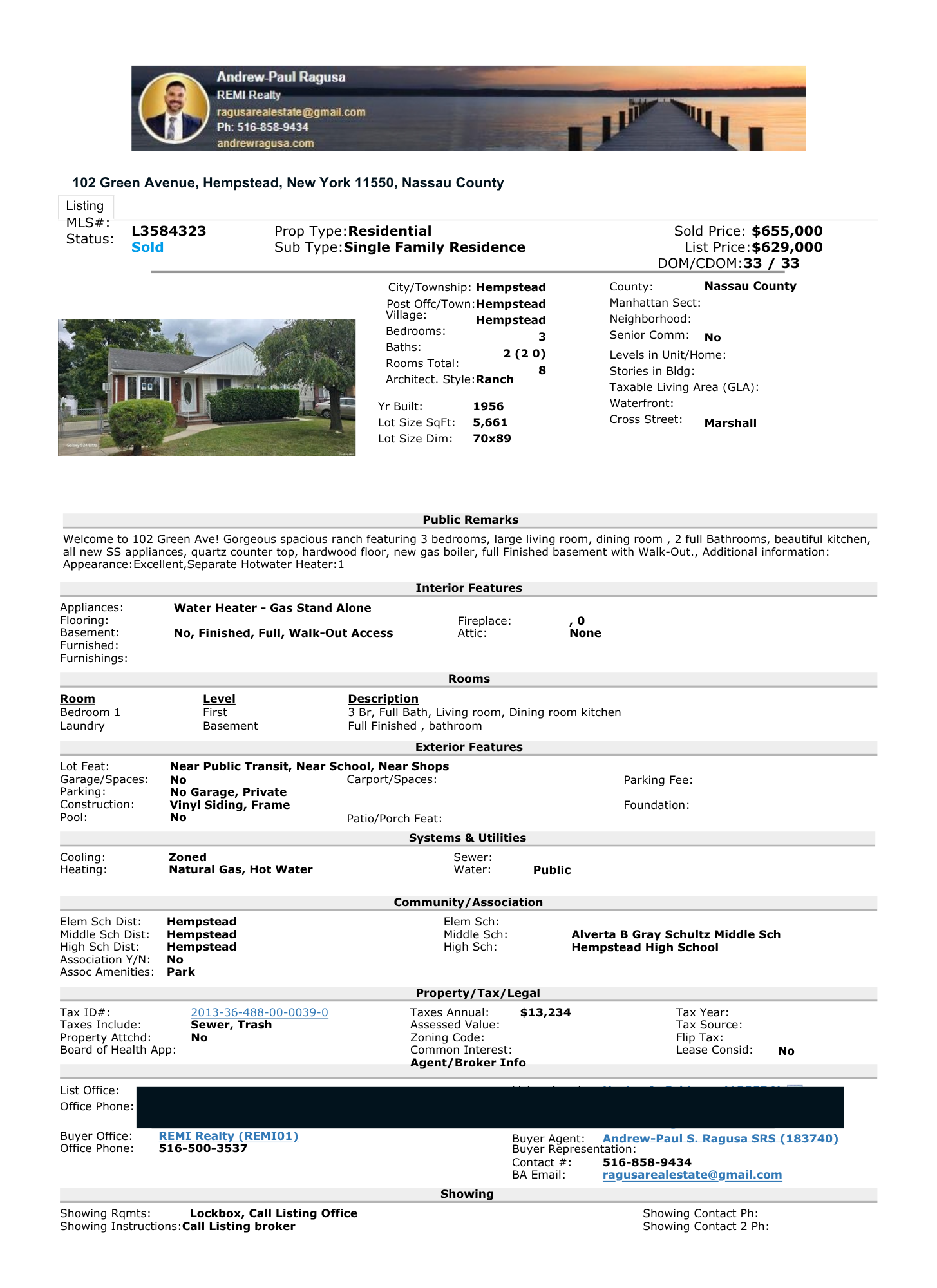 OneKey MLS report for the sale of 102 Green Avenue in Hempstead, New York.