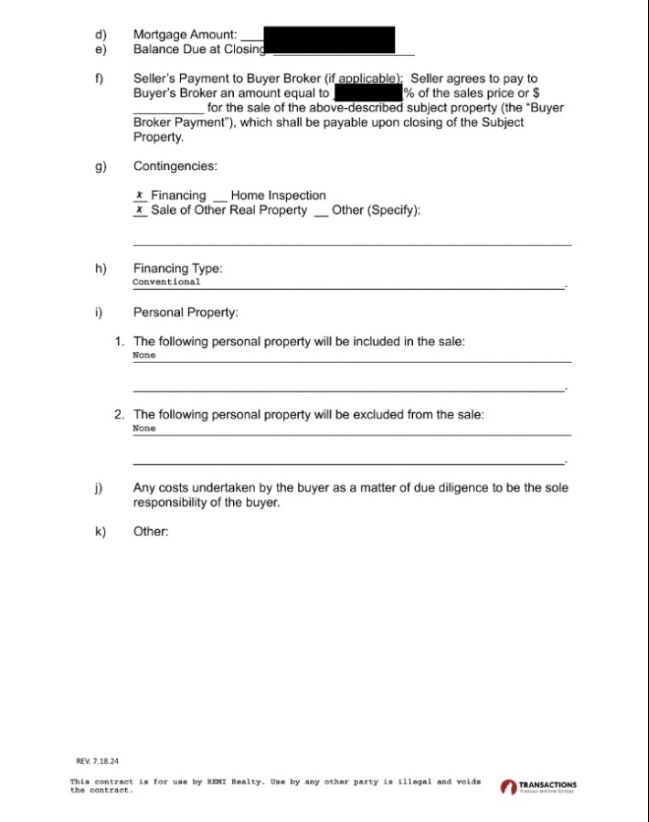 Redacted Harrison Drive offer showing financing and sale-of-other-property contingencies
