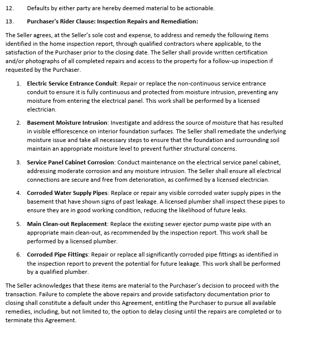 Leonard Street purchaser rider listing six inspection repair obligations