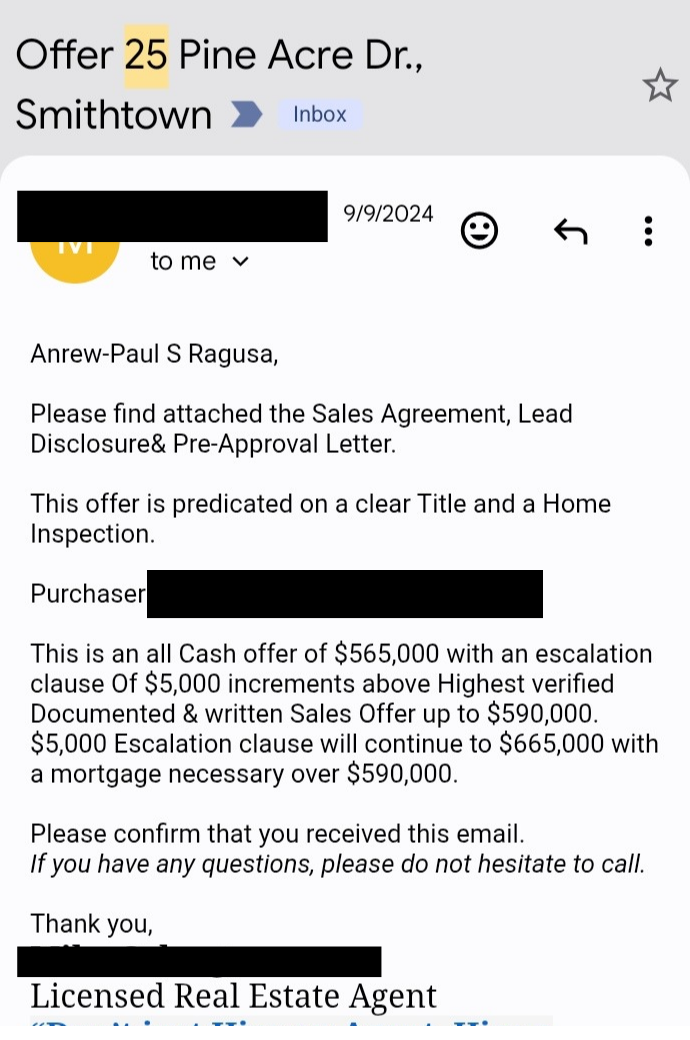 Redacted email documenting a $565,000 offer with an escalation clause for 25 Pine Acre Drive
