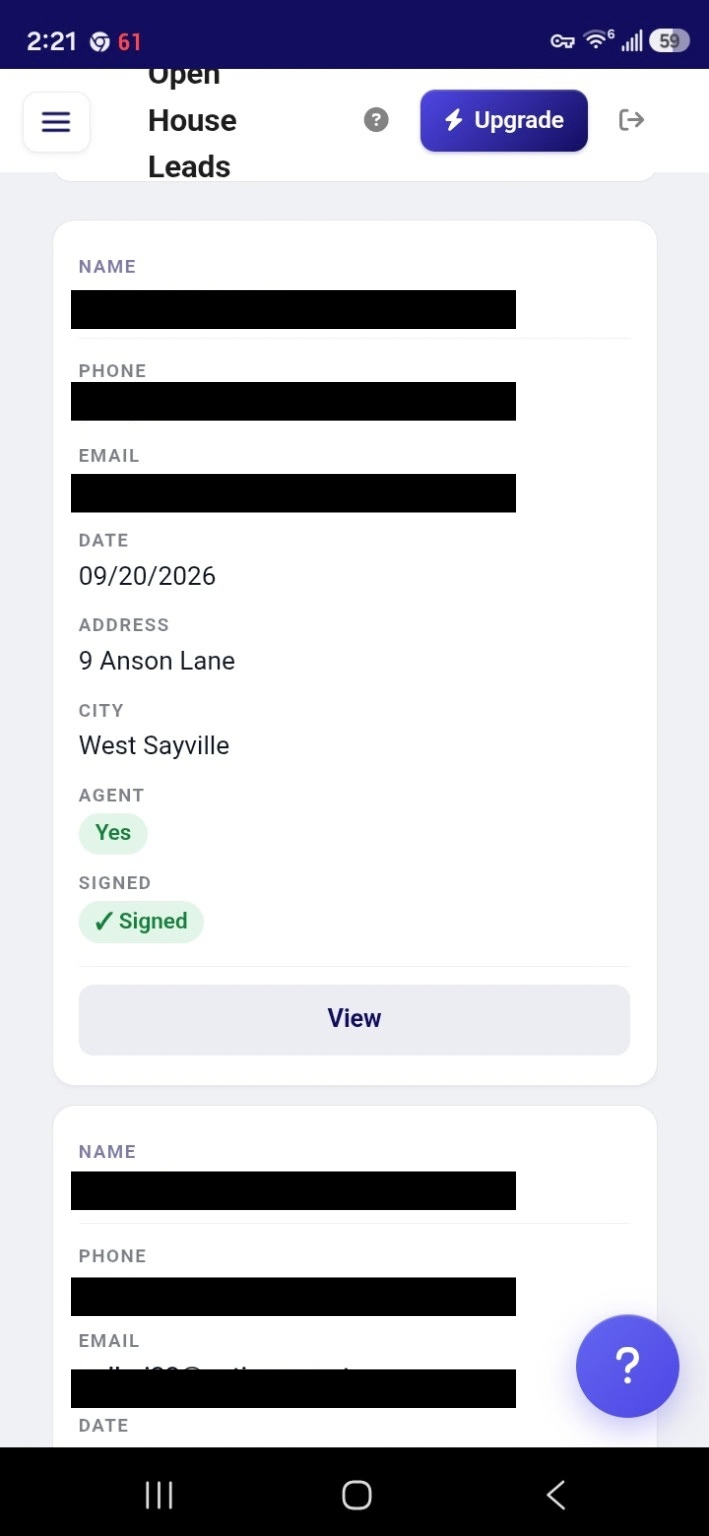 Open-house sign-in records list with visitor names, phone numbers and email addresses redacted by black bars
