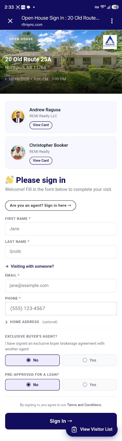 Blank Realtor Sync open-house sign-in screen showing example contact fields, agent representation and loan preapproval questions