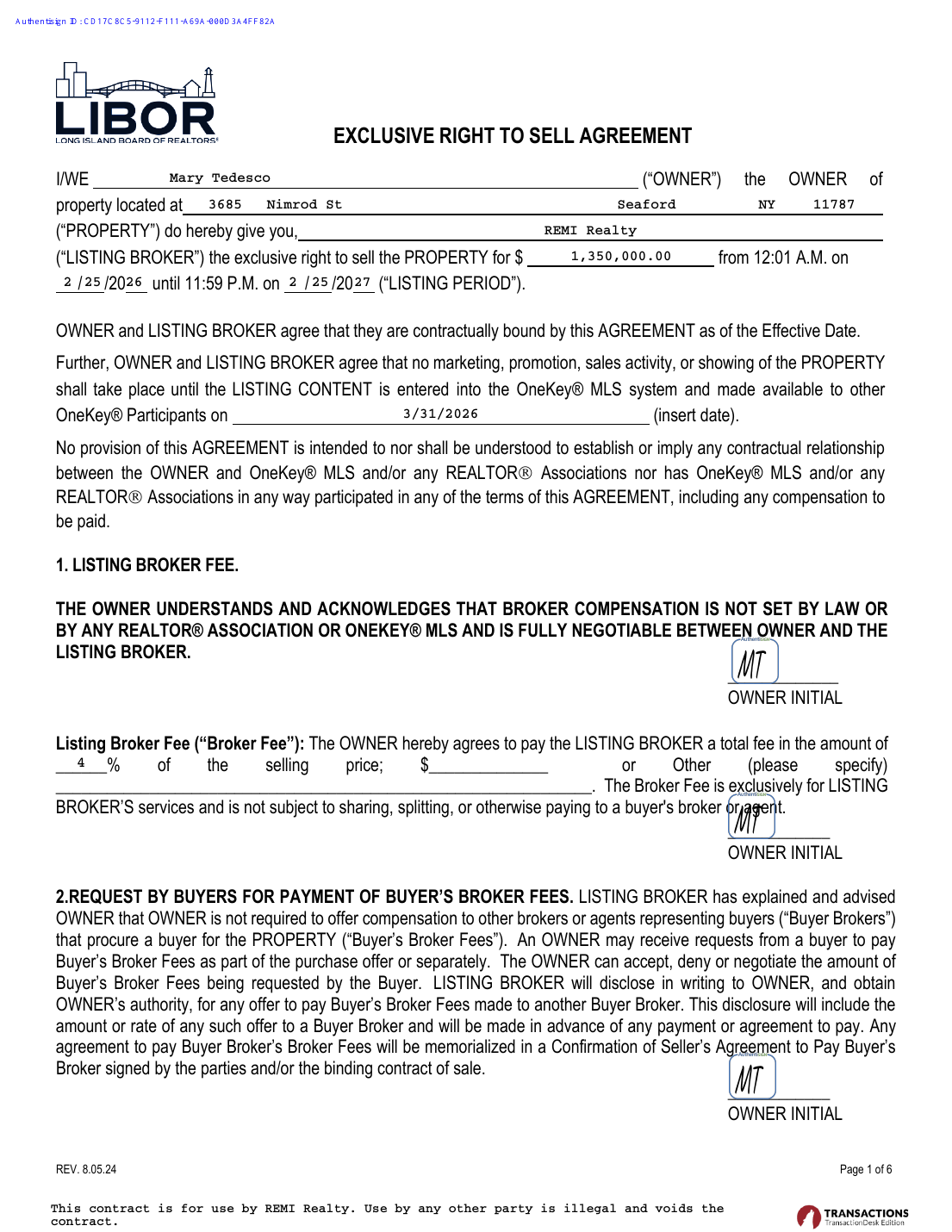 Page 1 of the signed listing agreement for 3685 Nimrod Street showing a $1,350,000 listing price and 4% listing fee.