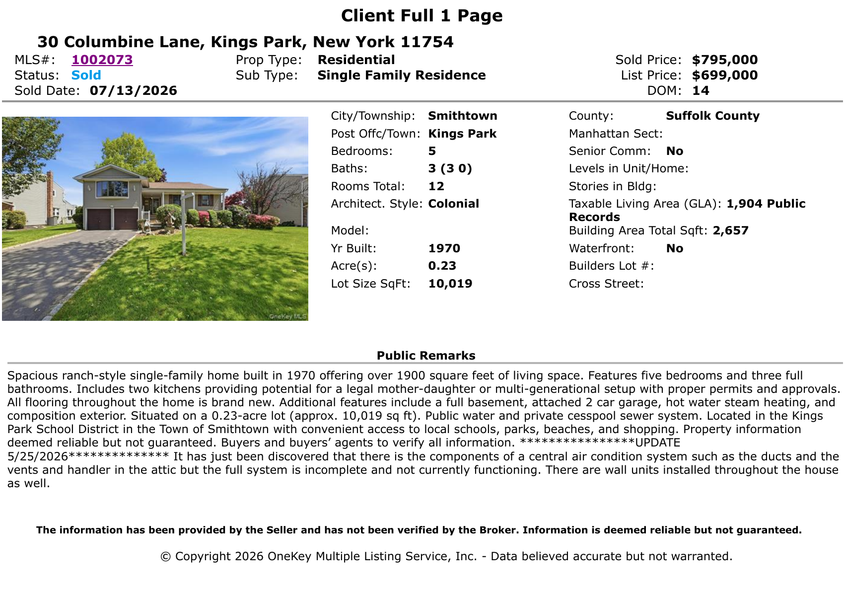 OneKey MLS sold listing for 30 Columbine Lane in Kings Park showing the list price, sold price, days on market, property details and public remarks