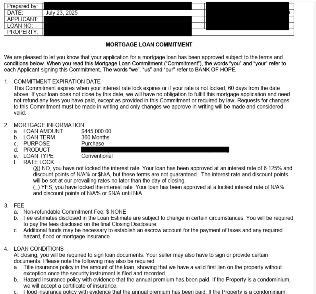 Redacted first page of a mortgage loan commitment showing approval subject to terms and conditions.