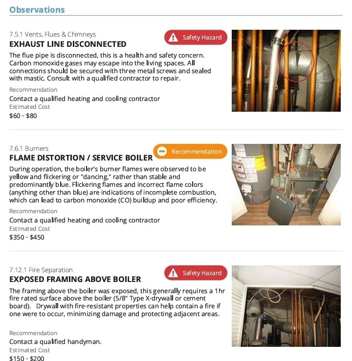 Home inspection report showing a disconnected exhaust line, boiler flame distortion and exposed framing above the boiler