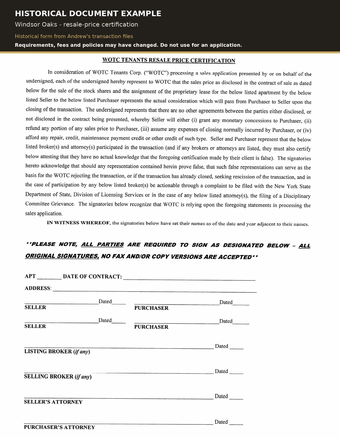 Historical Windsor Oaks resale-price certification describing disclosure of the contract price, concessions, refunds and credits