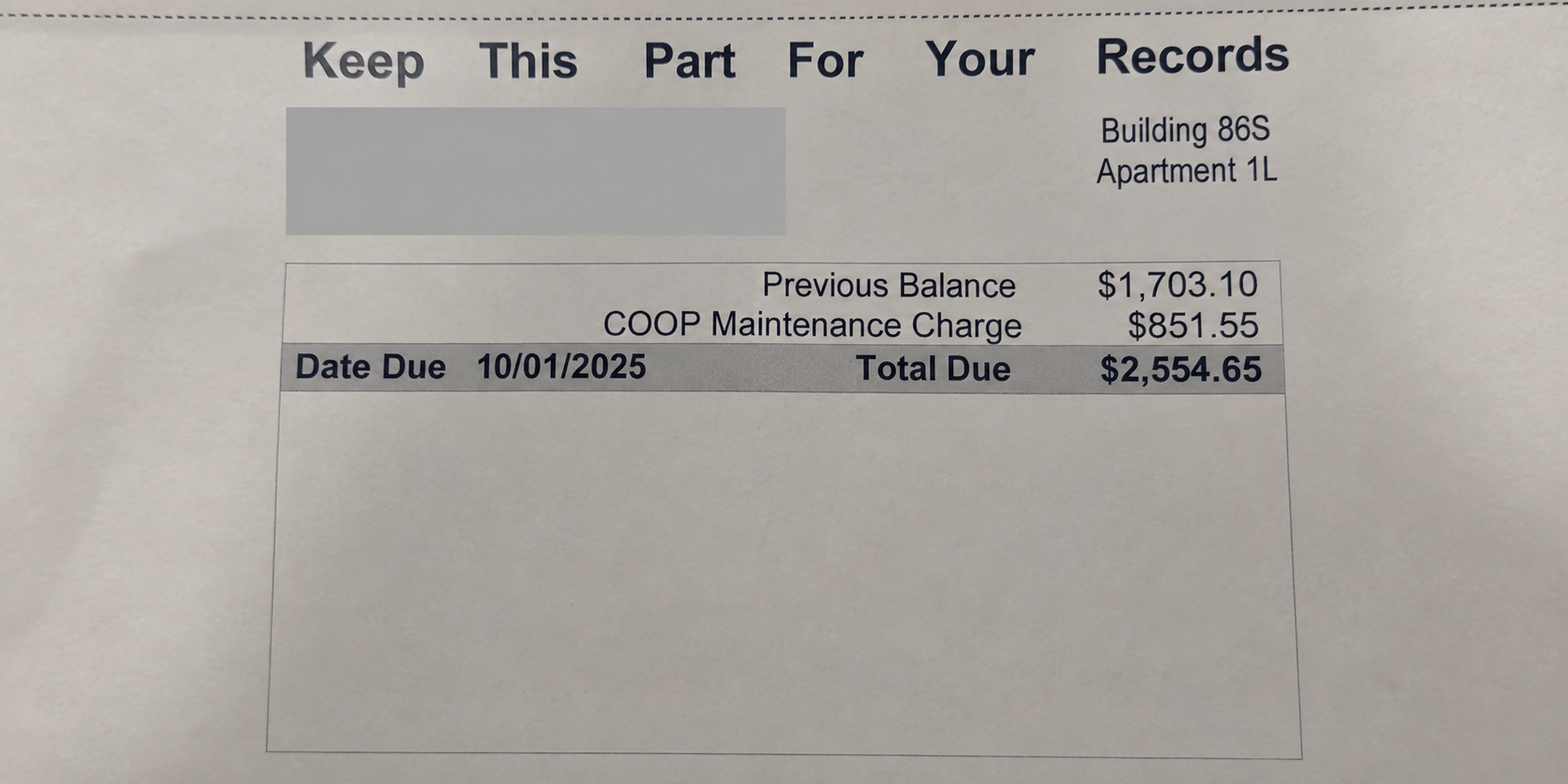 Redacted October 2025 co-op maintenance statement showing an $851.55 monthly charge and $2,554.65 total due.