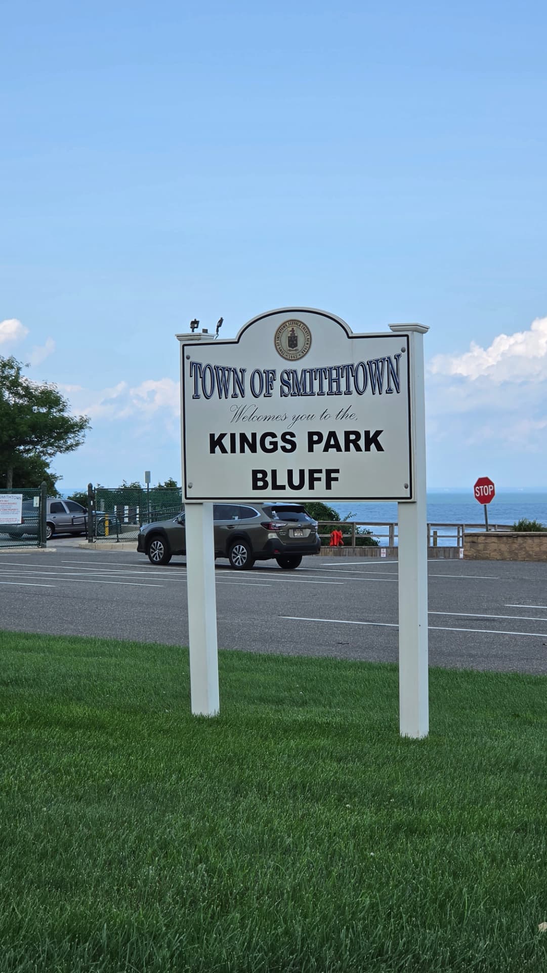The Town of Smithtown entrance sign reading Kings Park Bluff in Kings Park, New York