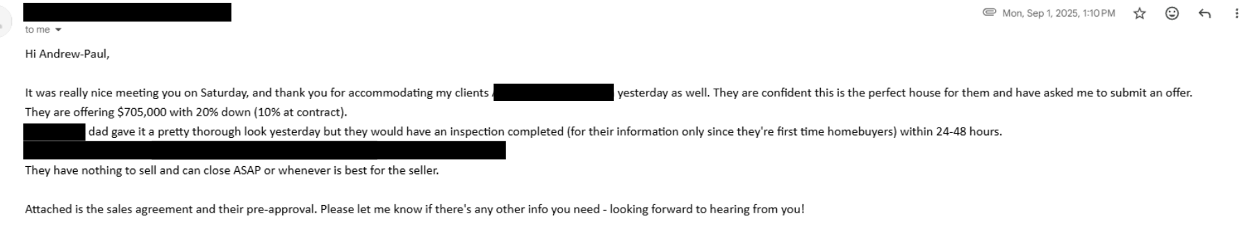 Redacted offer email showing an informational inspection, no house to sell and closing at the seller’s convenience.