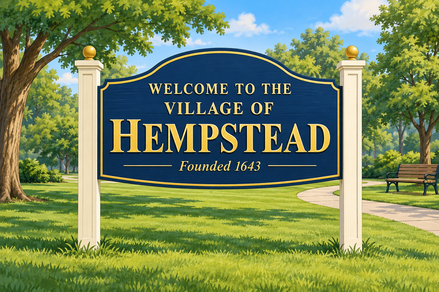 Illustration of a Welcome to the Village of Hempstead sign in a park setting.