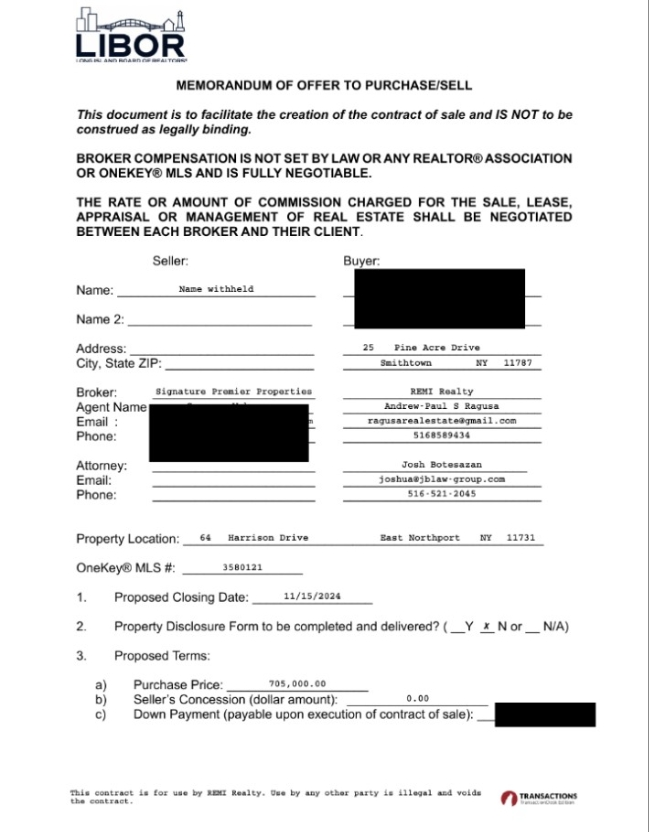 Redacted $705,000 offer memorandum for the Harrison Drive property in East Northport