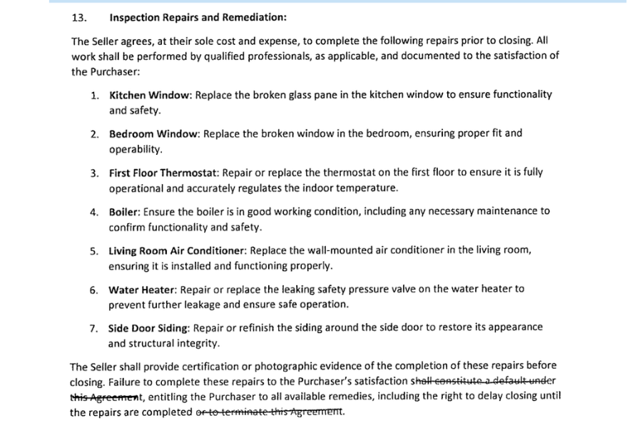 Redacted contract rider listing seven agreed repairs for 102 Green Avenue.