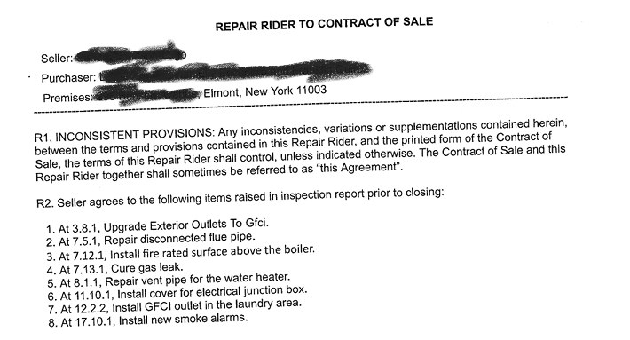 Redacted repair rider listing eight inspection-related repairs agreed to by the parties
