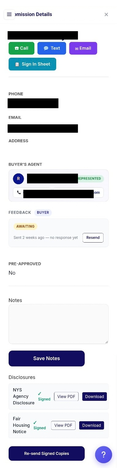 Individual open-house sign-in record showing a single visitor's details with contact and buyer's-agent information redacted by black bars