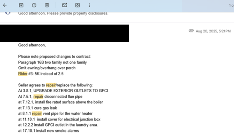 Redacted email from the buyer's attorney requesting inspection-related repairs