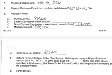 Anonymized opening-offer excerpt showing an $830,000 price and a 2% seller-paid buyer-broker compensation request.