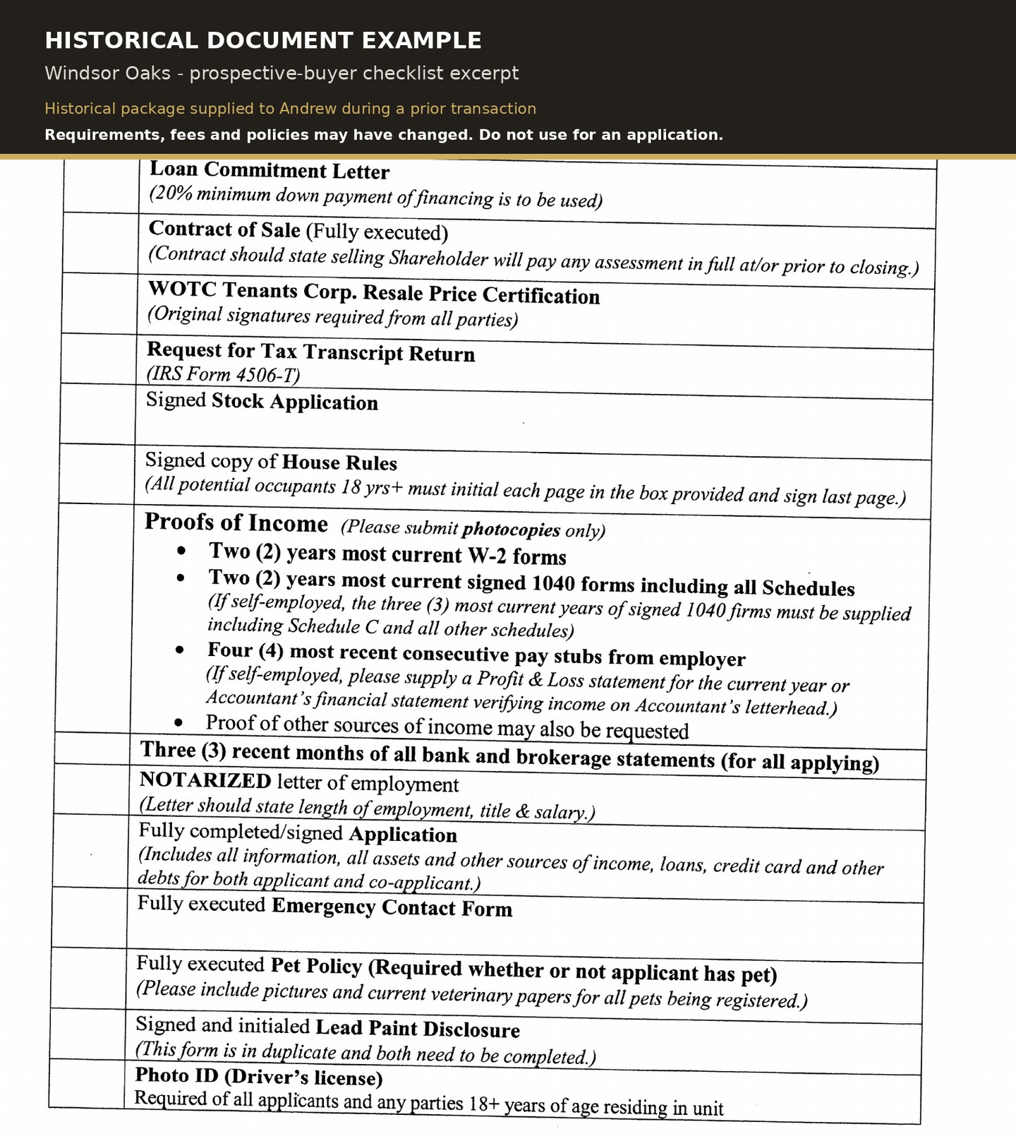 Historical Windsor Oaks prospective-buyer checklist showing examples of financial, employment, contract and identification documents