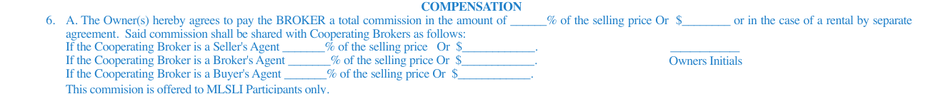 Older MLSLI listing agreement showing one total commission and percentage fields for cooperating seller, broker and buyer agents.