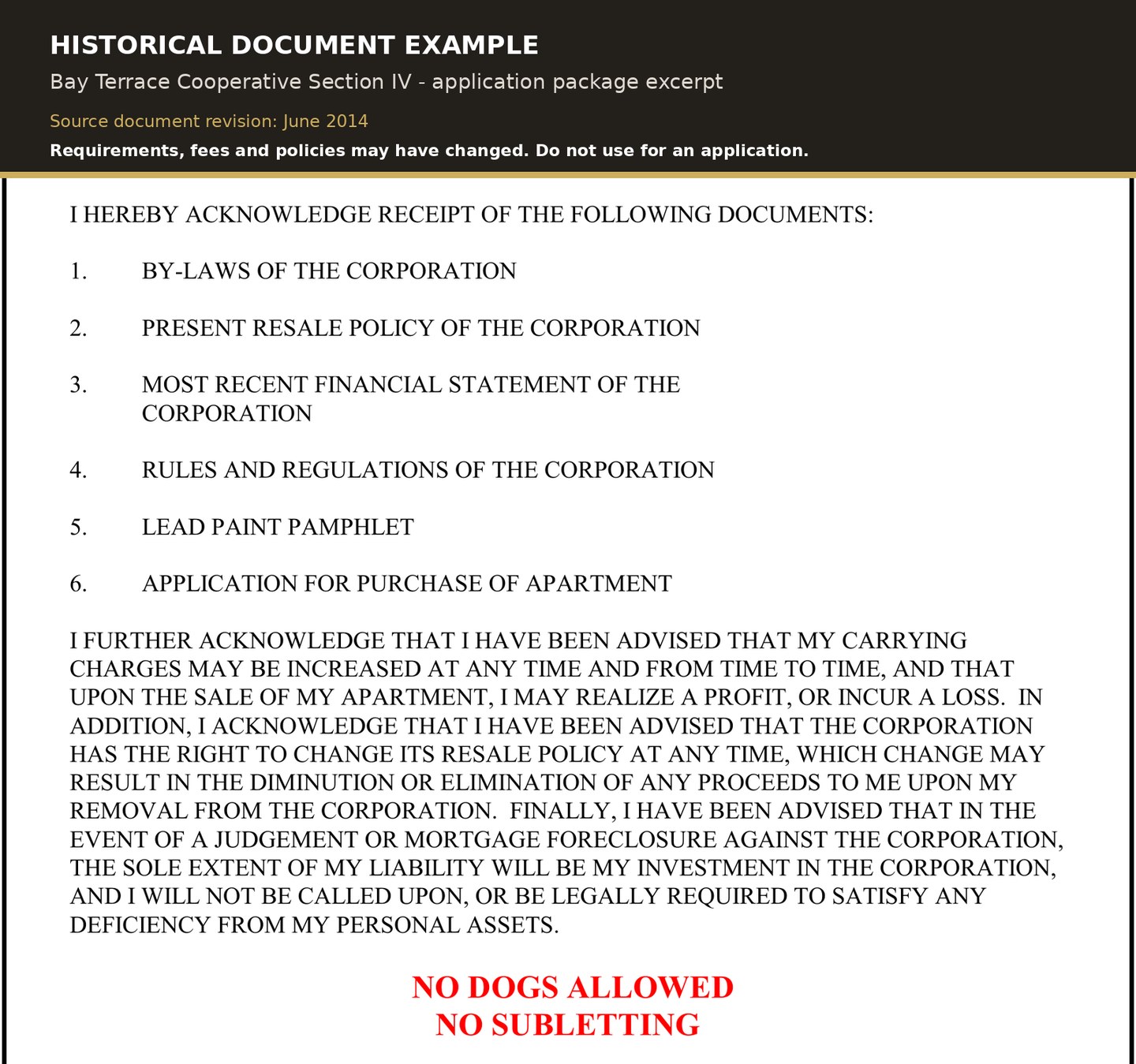 Historical Bay Terrace cooperative application package excerpt listing bylaws, resale policy, financial statements, rules and regulations, lead-paint information and the purchase application