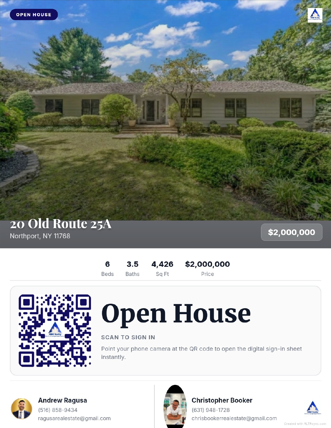 Example open-house entry flyer for 20 Old Route 25A showing the property photo, beds, baths, square feet, price and the QR code visitors scan to sign in