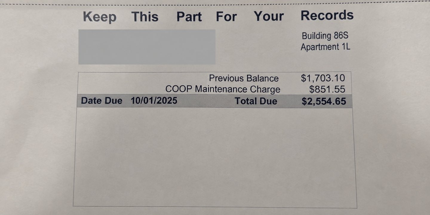Redacted October 2025 co-op maintenance statement showing an $851.55 monthly charge and $2,554.65 total due.